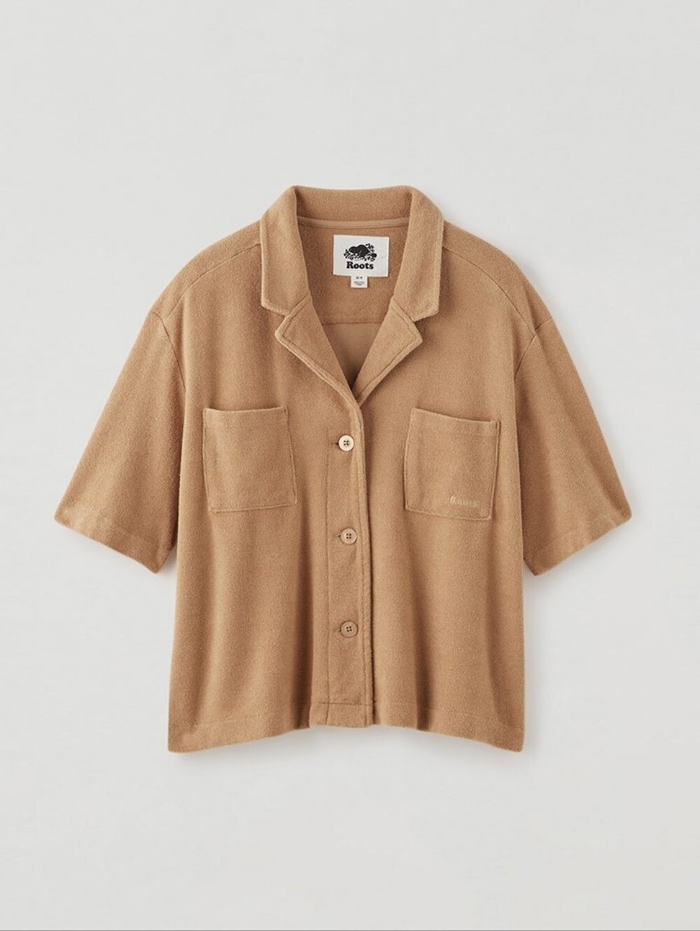 Roots Terry Cloth Camp Shirt Button Down Short Sleeve Towel Size Small Tan